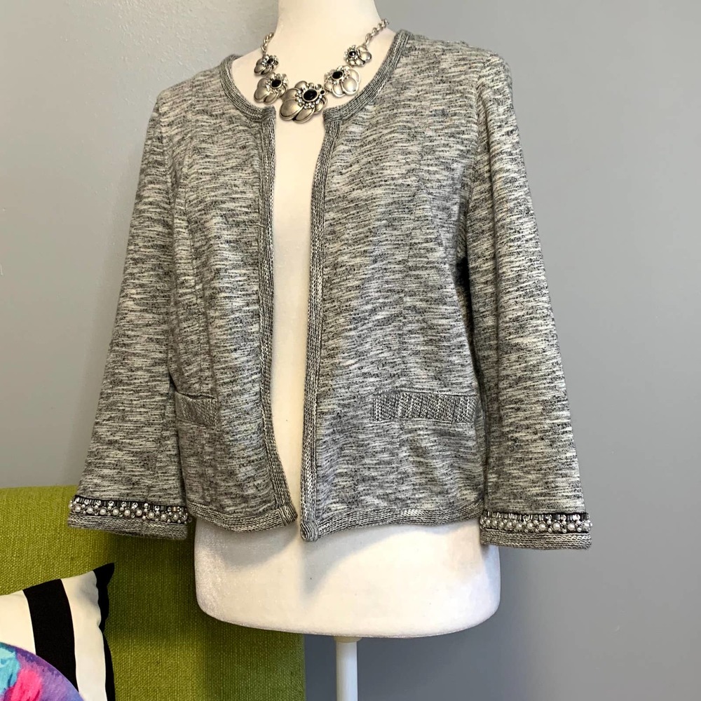 Express Grey Knit Beaded Cuff Cardigan Sweater